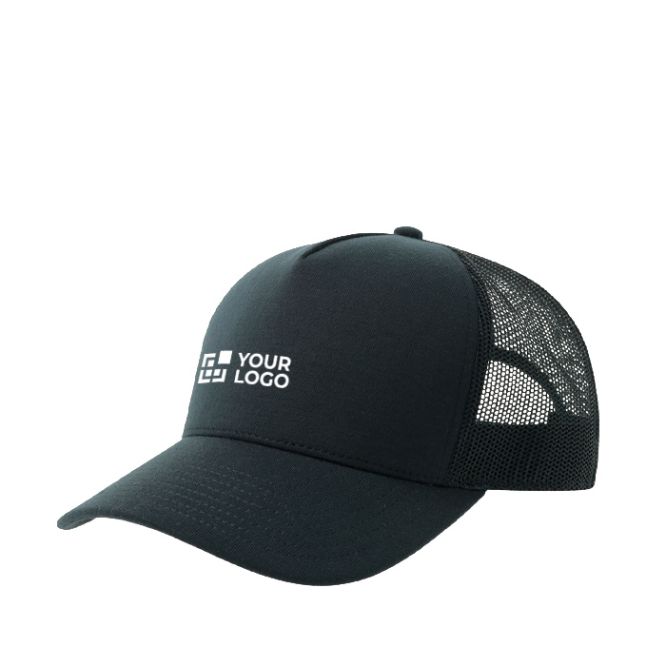Cappellino trucker in poliestere riciclato a 5 pannelli con rete posteriore