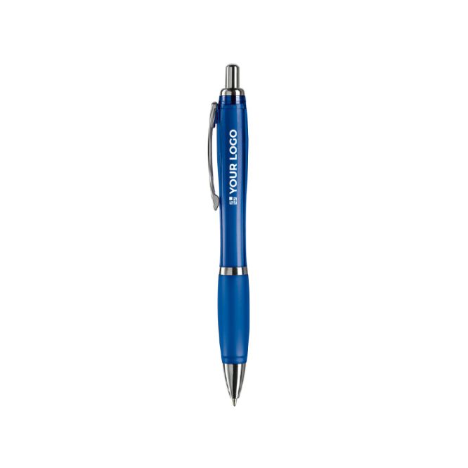 Penna a sfera in plastica trasparente con dettagli metallici e inchiostro blu