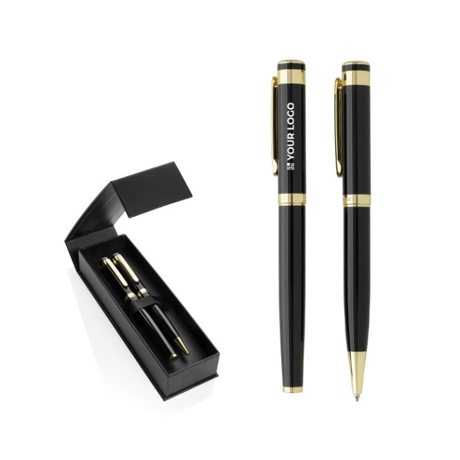 Set di penne in ottone riciclato con dettagli dorati e inchiostro blu