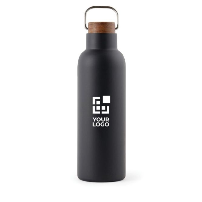 Borraccia in acciaio inox riciclato con manico e tappo in legno 800ml color blu vista area di stampa