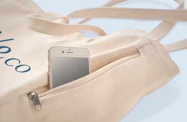 Shopper in tela con tasca per telefono e chiusura a cerniera