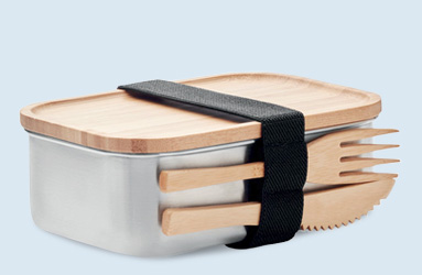 Lunch box con coperchio e posate in legno